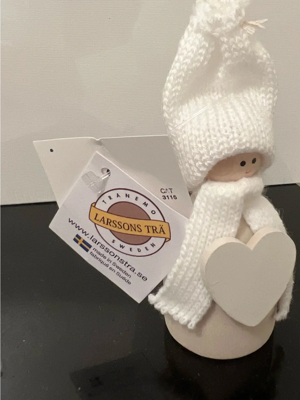 Larssons Tra White Gnome with White Heart Scandinavian Tomte Wood Figurine 3.5”